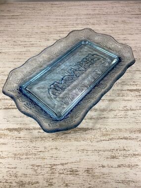 Vintage Tiara Exclusives Indiana Glass Last Supper Blue Bread Tray Platter 11x7